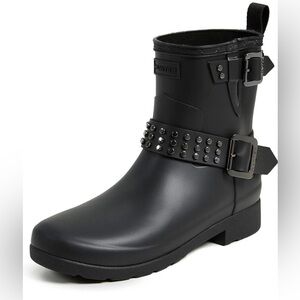 Hunter Black Refined Stud Biker Rain Boots, Black, 6 M